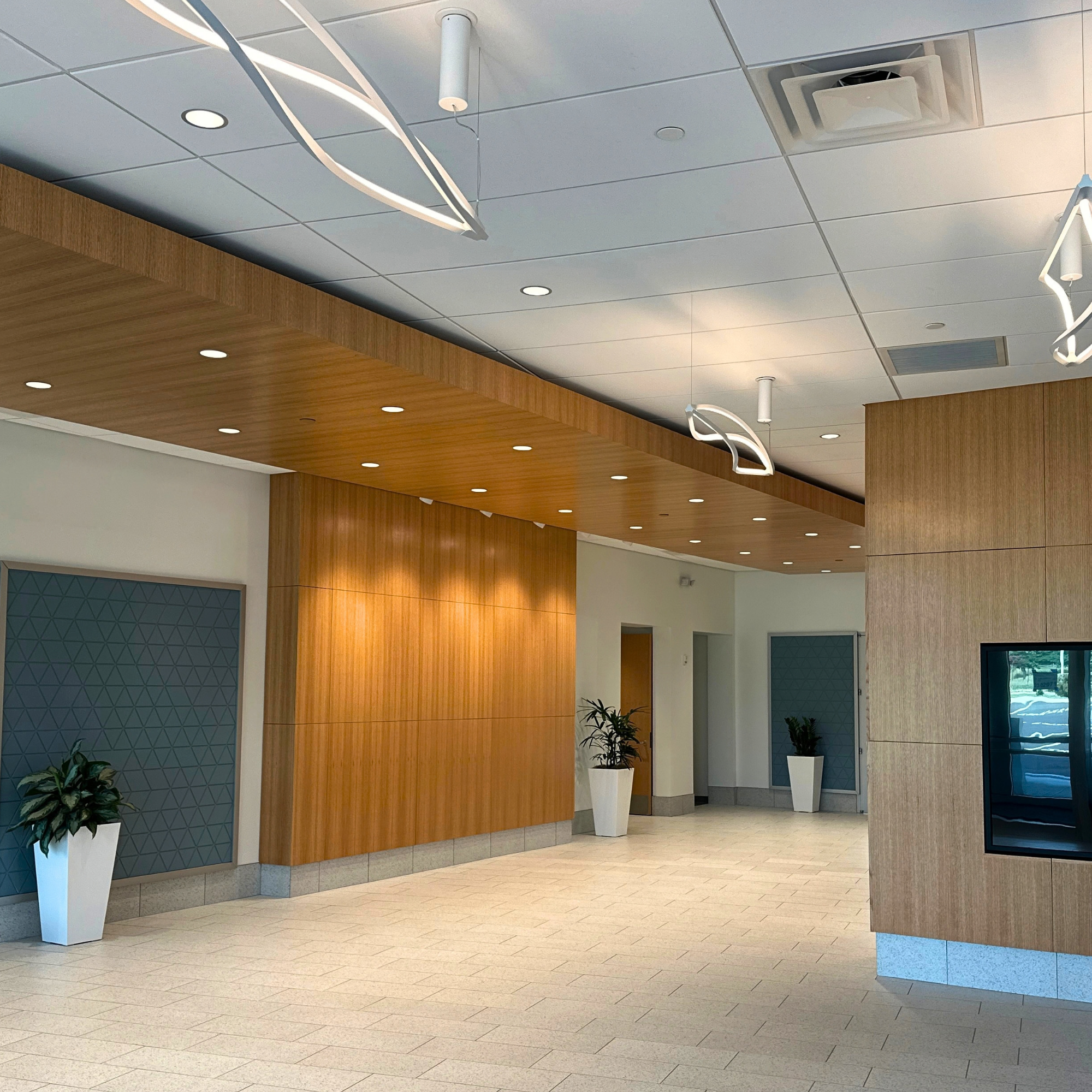 Bright commercial building lobby with a warm wood-paneled ceiling